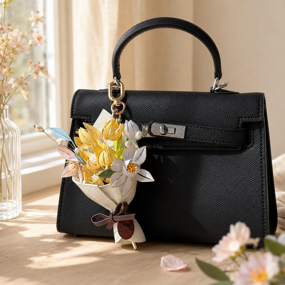 Personalized Leather-Wrapped Flower Bouquet Charm