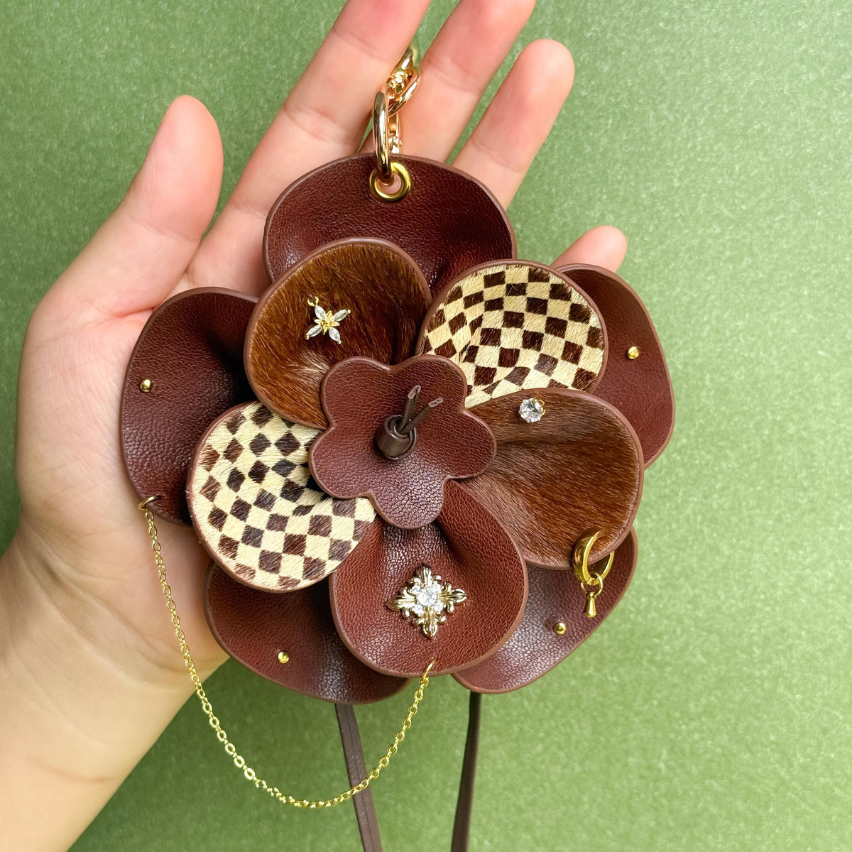 Vintage Brown Leather Flower Bag Charm