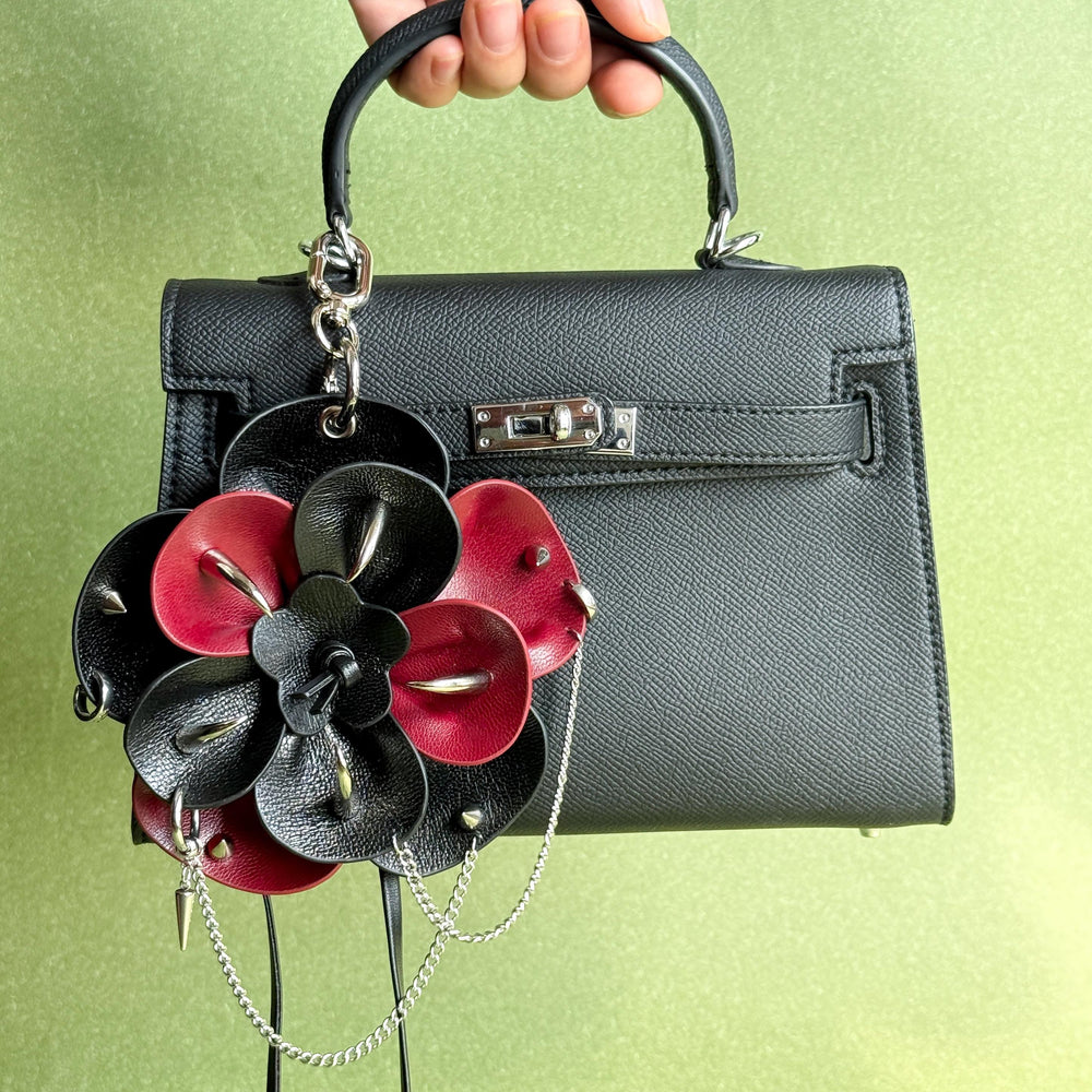 Black & Red Gothic Leather Flower Bag Charm