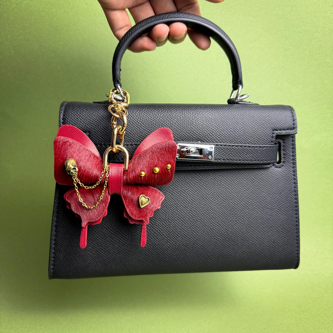 Burgundy Horsehair Leather Butterfly Bag Charm — product photograph 4