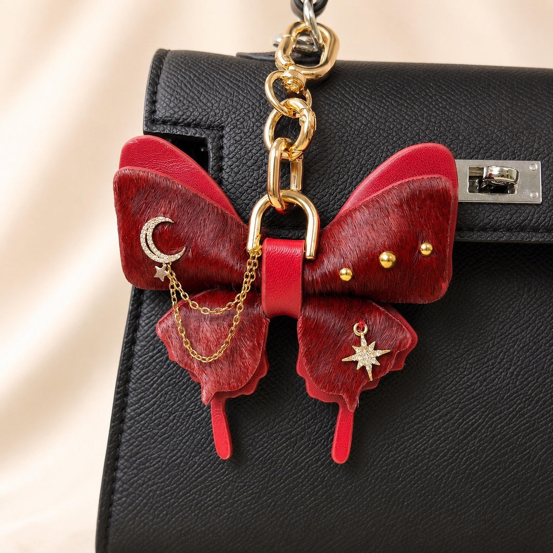 Burgundy Vintage Leather Butterfly Bag Charm — product photograph 1