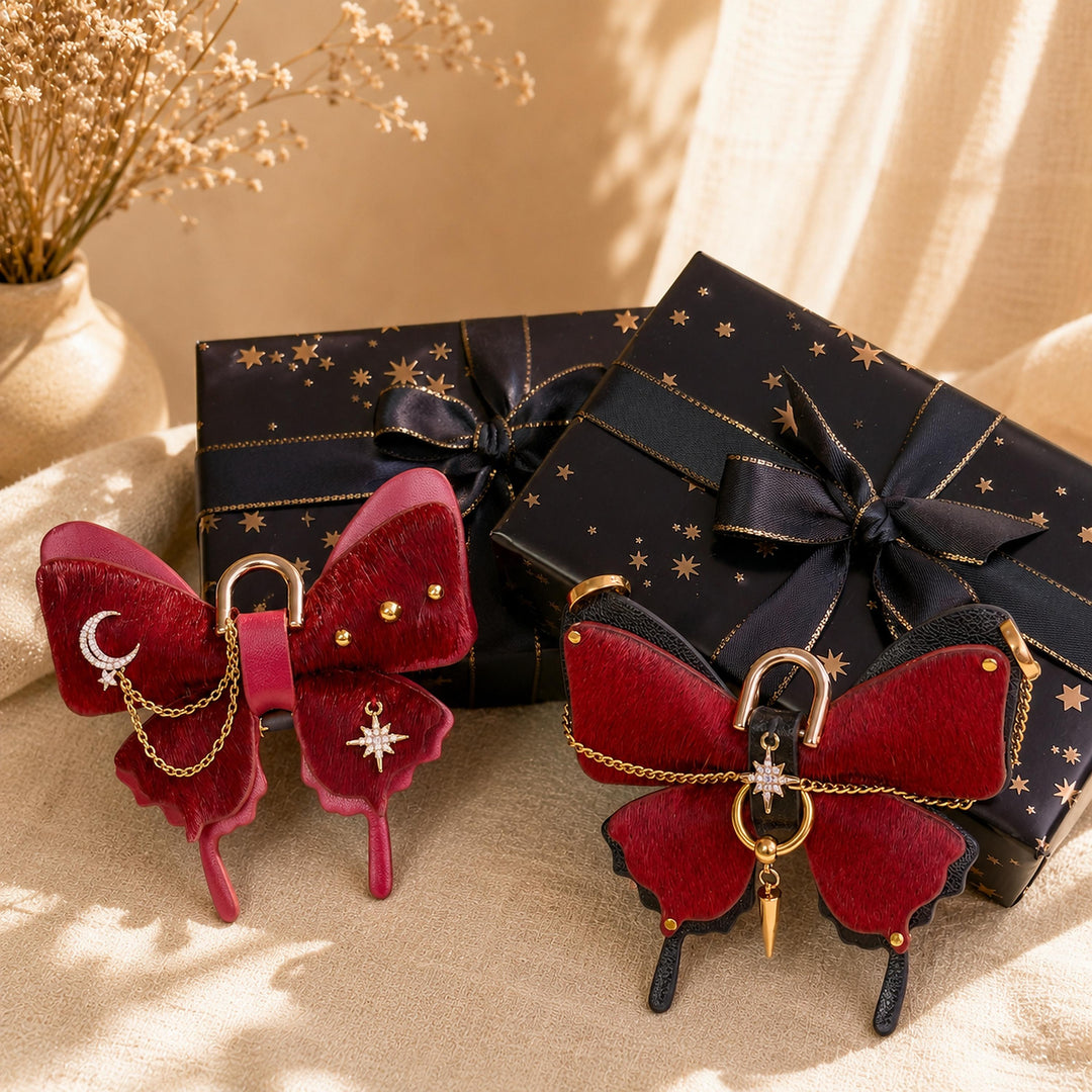 Burgundy Vintage Leather Butterfly Bag Charm — product photograph 10