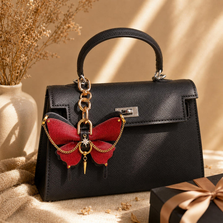 Burgundy Vintage Leather Butterfly Bag Charm — product photograph 4