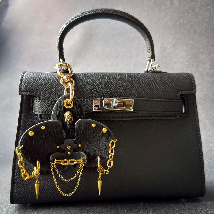 Black & Gold Leather Orchid Bag Charm — product photograph 2