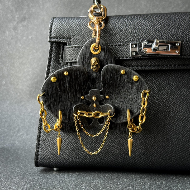 Black & Gold Leather Orchid Bag Charm — product photograph 1