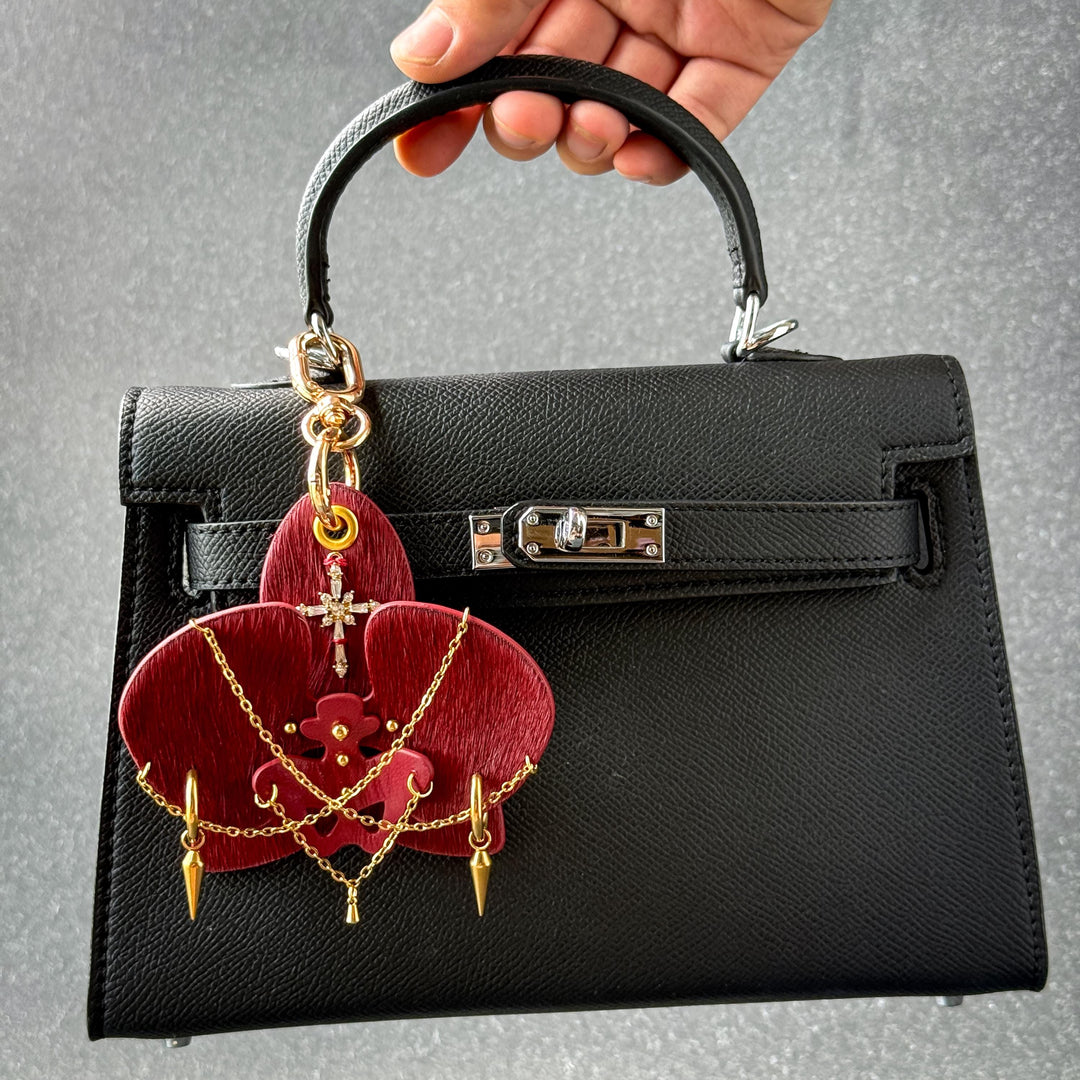 Burgundy Leather Orchid Flower Bag Charm — product photograph 4