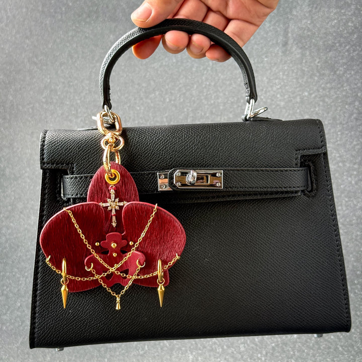 Burgundy Leather Orchid Flower Bag Charm — product photograph 4