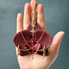 Burgundy Leather Orchid Flower Bag Charm — product photograph 8