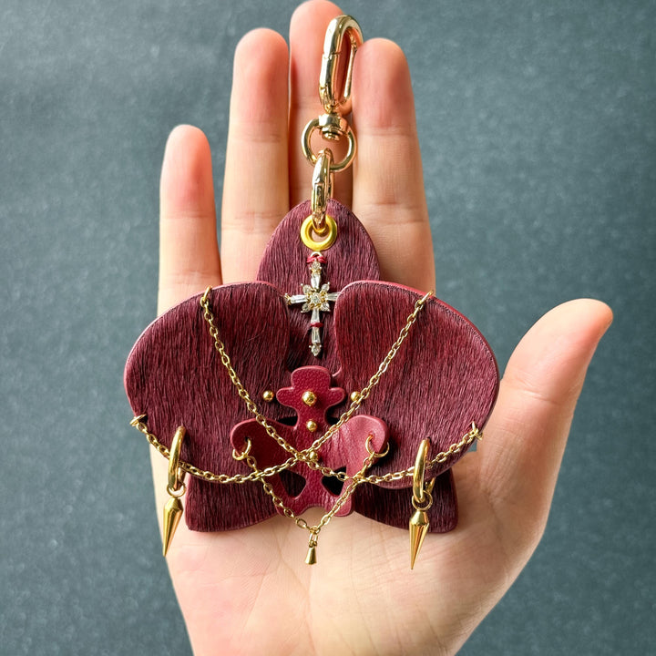 Burgundy Leather Orchid Flower Bag Charm — product photograph 8