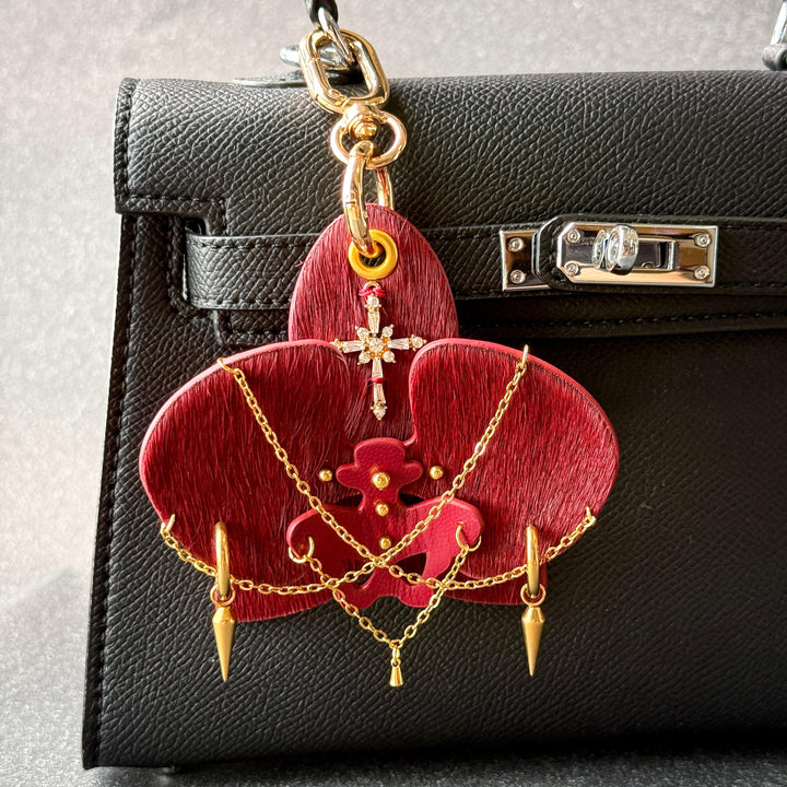 Burgundy Leather Orchid Flower Bag Charm — product photograph 1