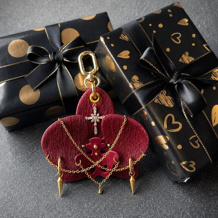 Burgundy Leather Orchid Flower Bag Charm — product photograph 7