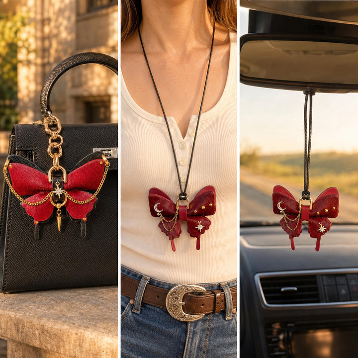 Burgundy Vintage Leather Butterfly Bag Charm — product photograph 6