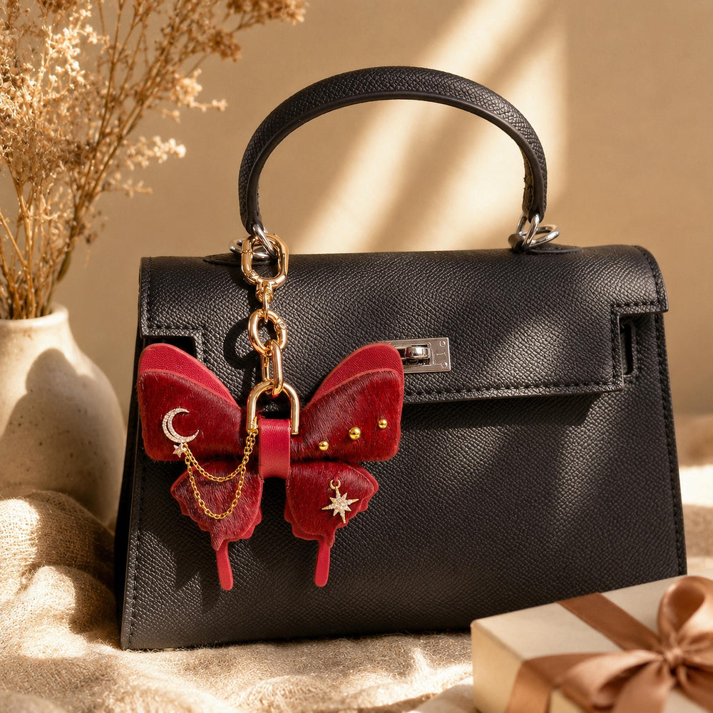 Burgundy Vintage Leather Butterfly Bag Charm — product photograph 2