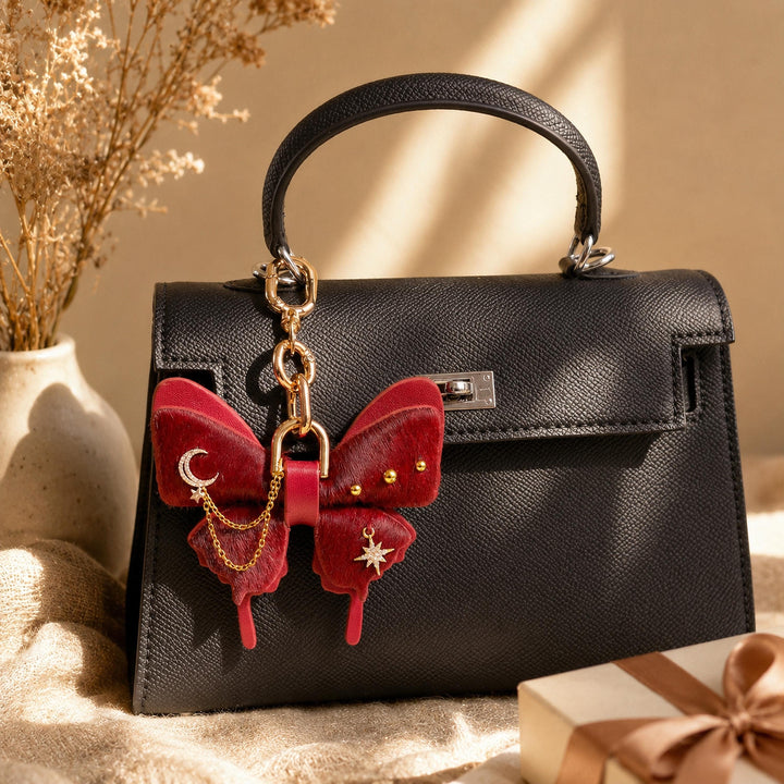 Burgundy Vintage Leather Butterfly Bag Charm — product photograph 2