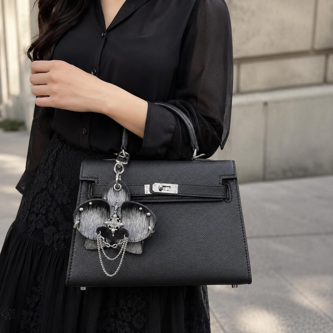 Silver Horsehair Leather Orchid Bag Charm — product photograph 4