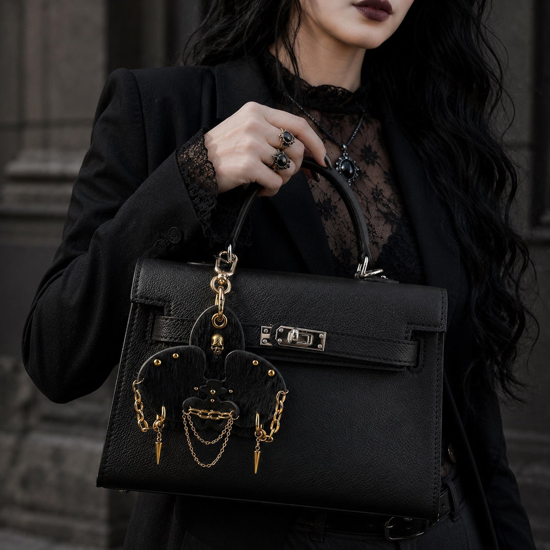 Black & Gold Leather Orchid Bag Charm — product photograph 5