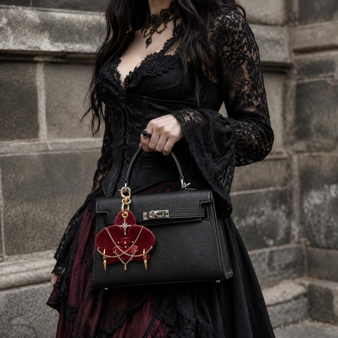 Burgundy Leather Orchid Flower Bag Charm — product photograph 5
