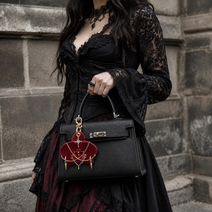 Burgundy Leather Orchid Flower Bag Charm — product photograph 5