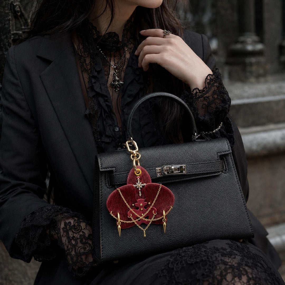 Burgundy Leather Orchid Flower Bag Charm — product photograph 3