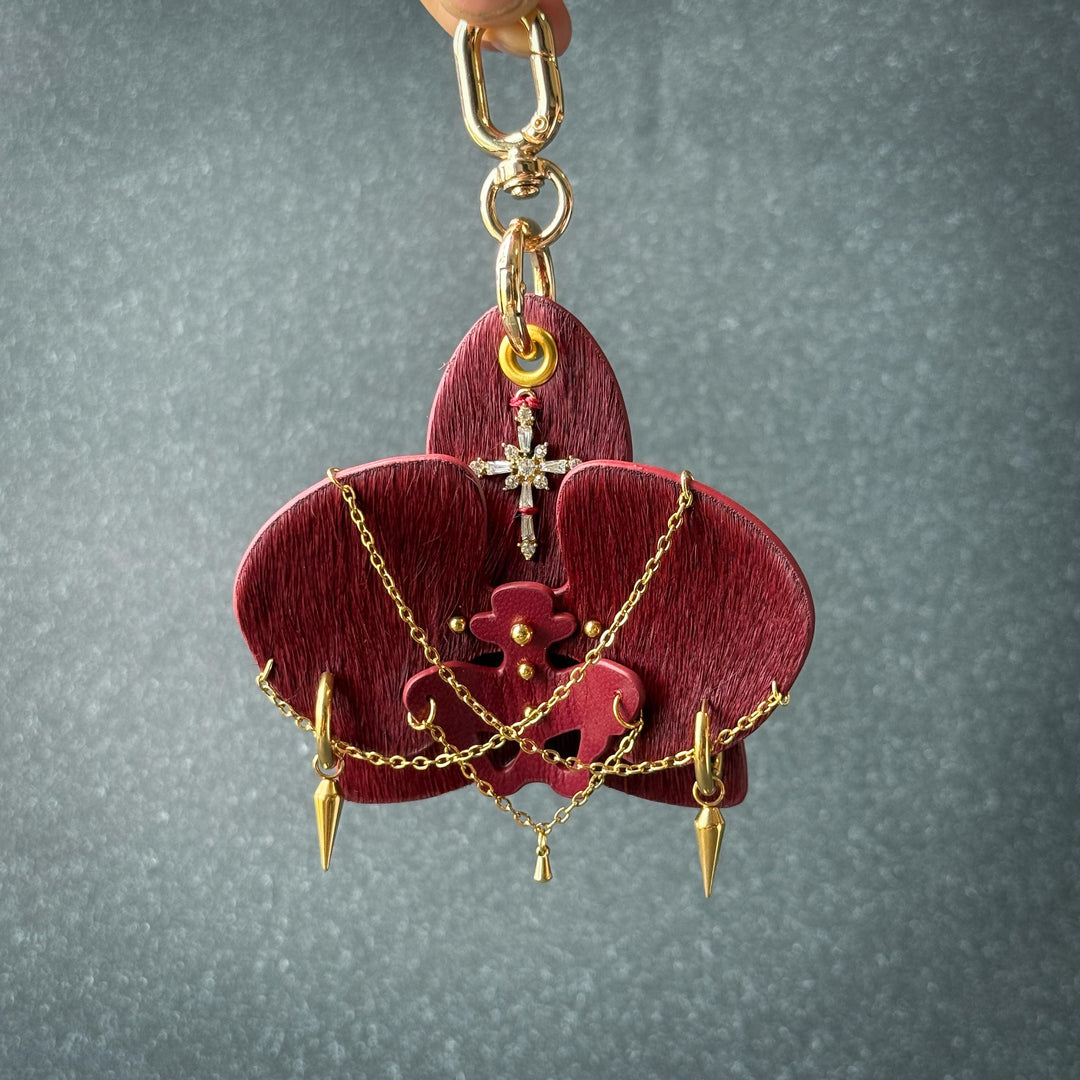 Burgundy Leather Orchid Flower Bag Charm — product photograph 10