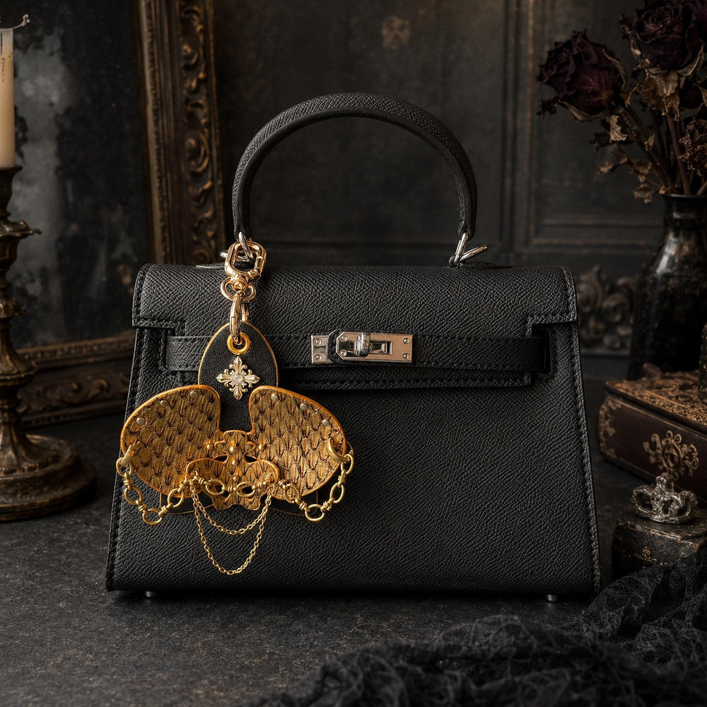 Vintage Gold Leather Orchid Bag Charm — product photograph 2