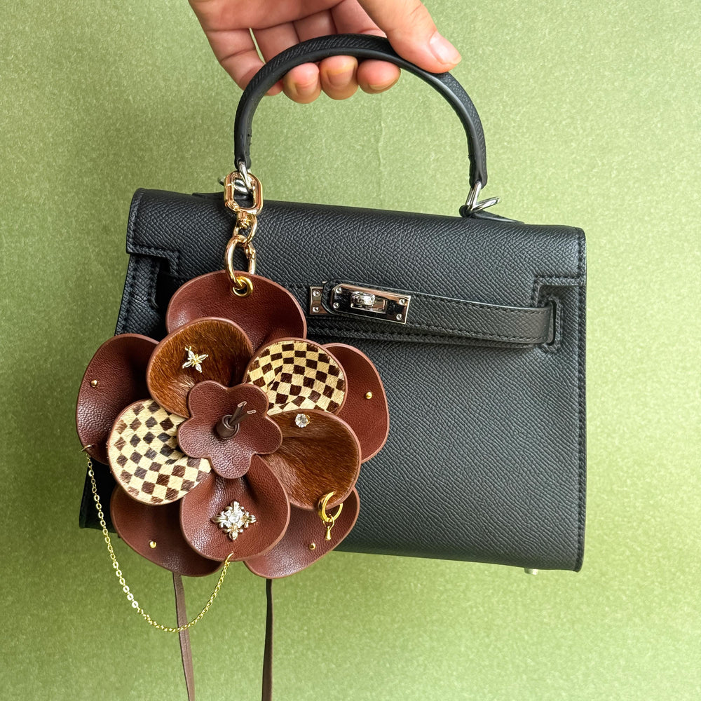 Vintage Brown Leather Flower Bag Charm — product photograph 2