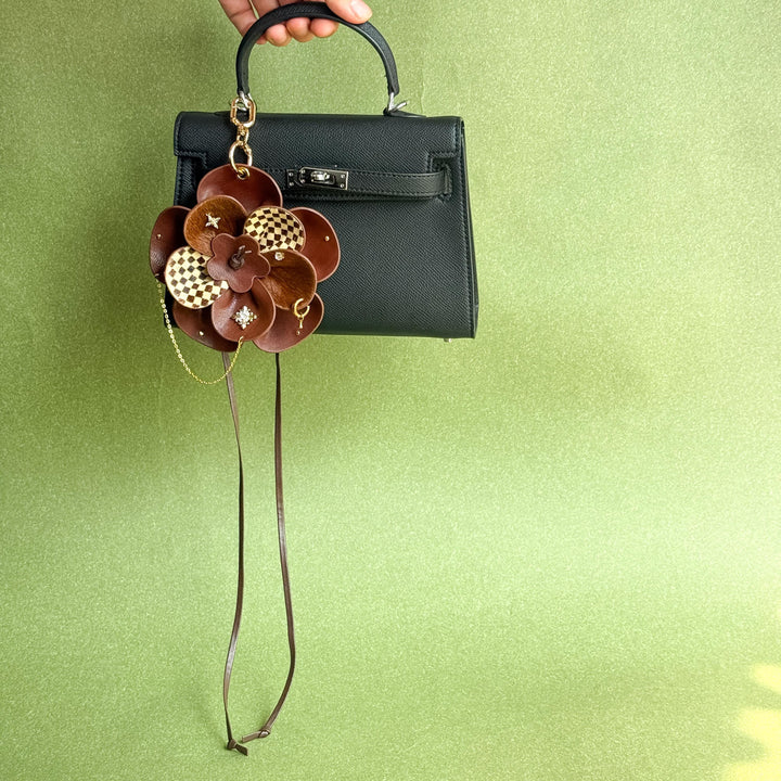 Vintage Brown Leather Flower Bag Charm — product photograph 3