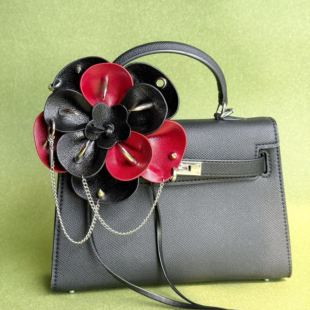 Black & Red Gothic Leather Flower Bag Charm — product photograph 1