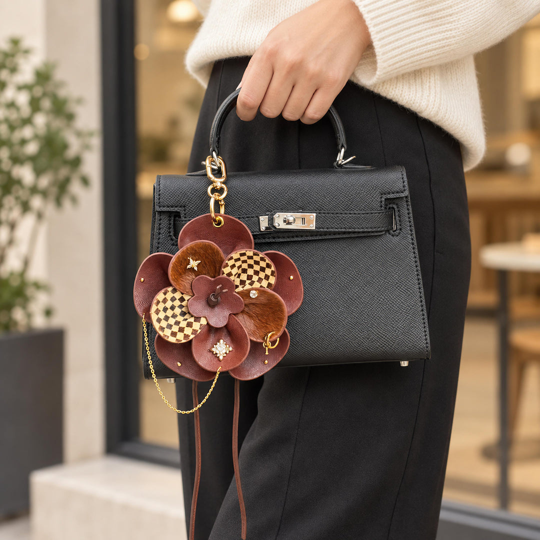 Vintage Brown Leather Flower Bag Charm — product photograph 8