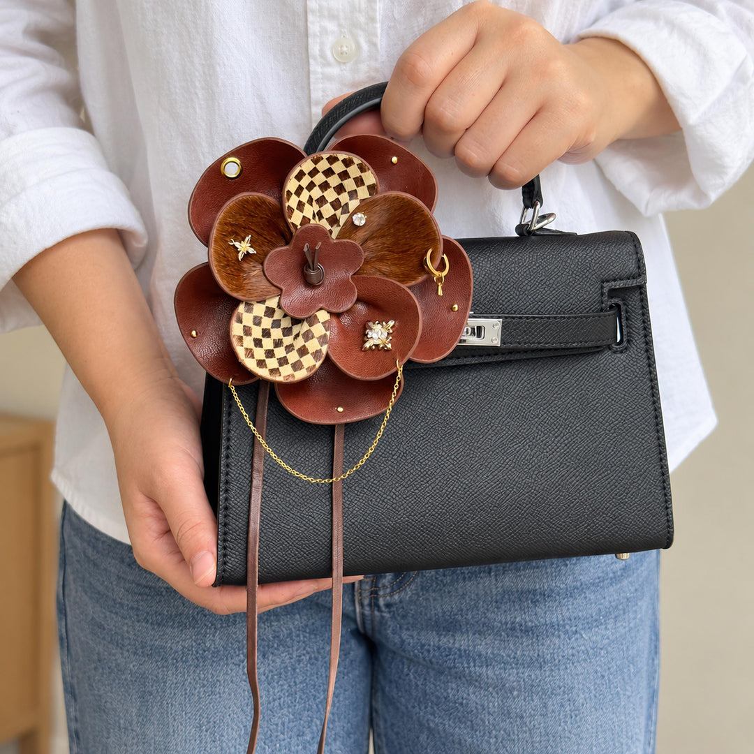 Vintage Brown Leather Flower Bag Charm — product photograph 9