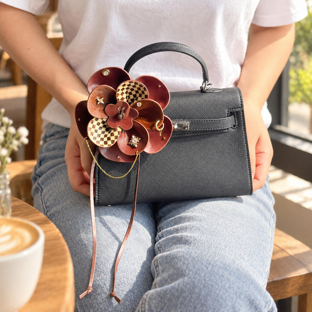 Vintage Brown Leather Flower Bag Charm — product photograph 10
