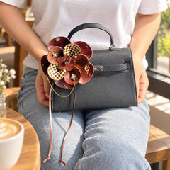 Vintage Brown Leather Flower Bag Charm — product photograph 10
