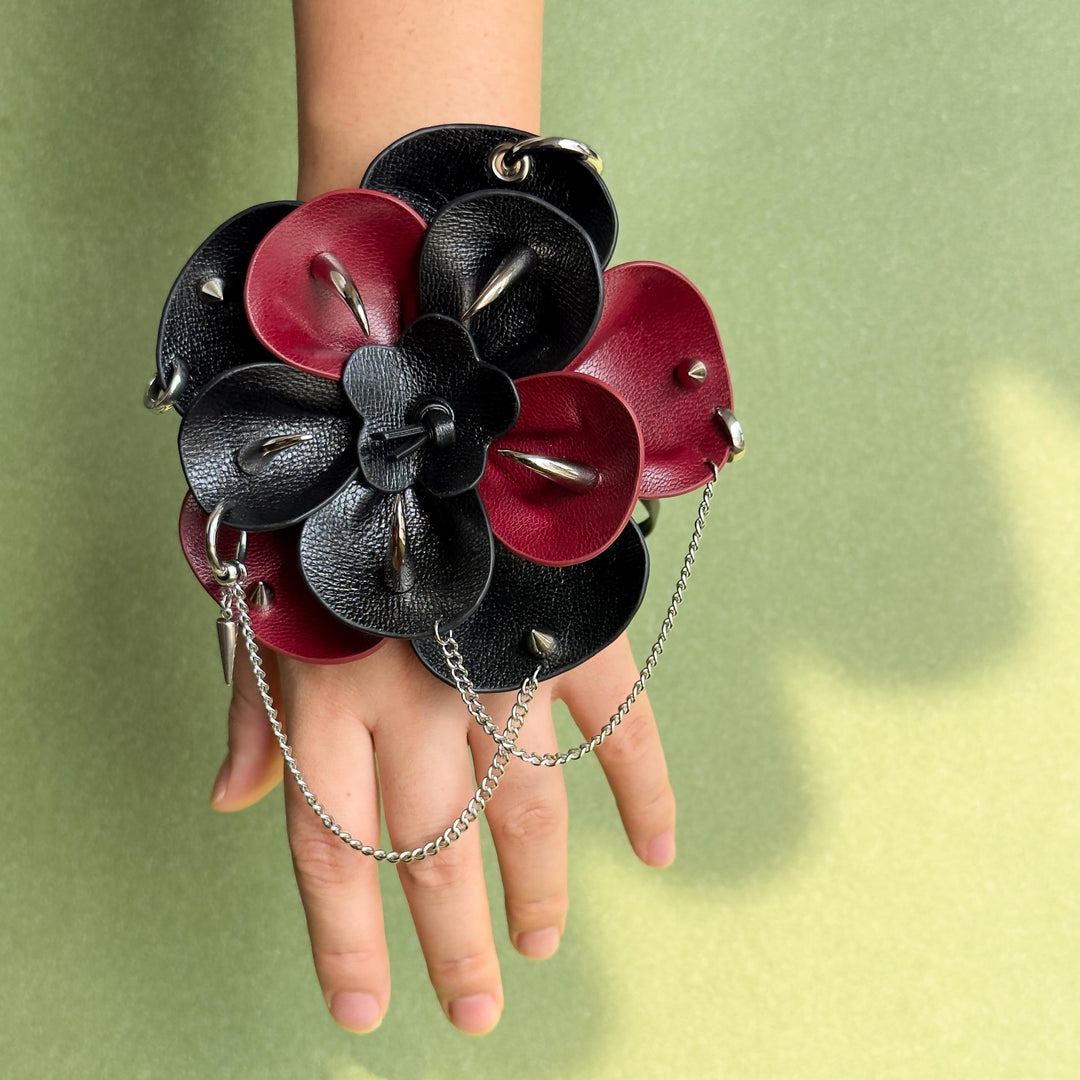Black & Red Gothic Leather Flower Bag Charm — product photograph 6