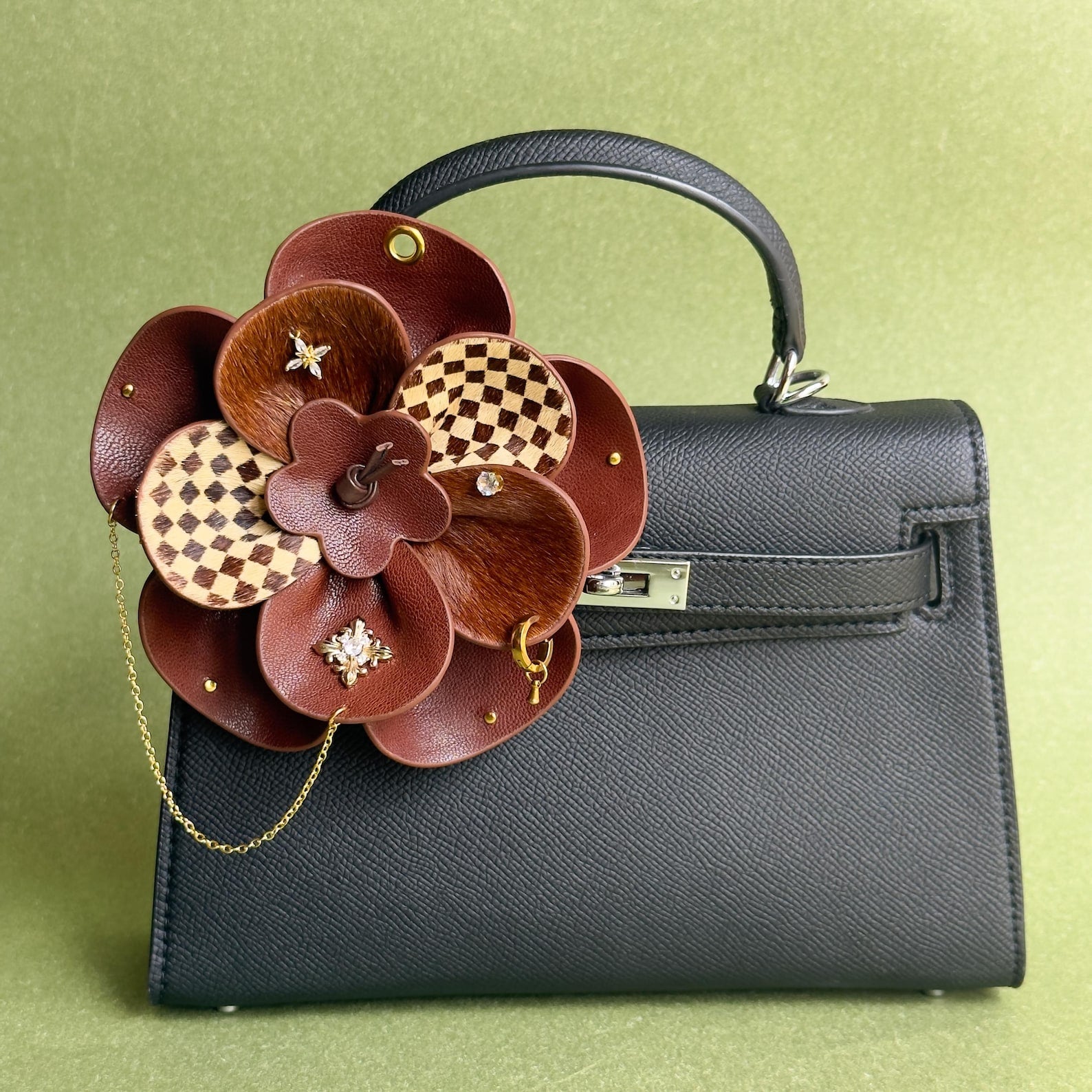 Statement flowers leather bag charms